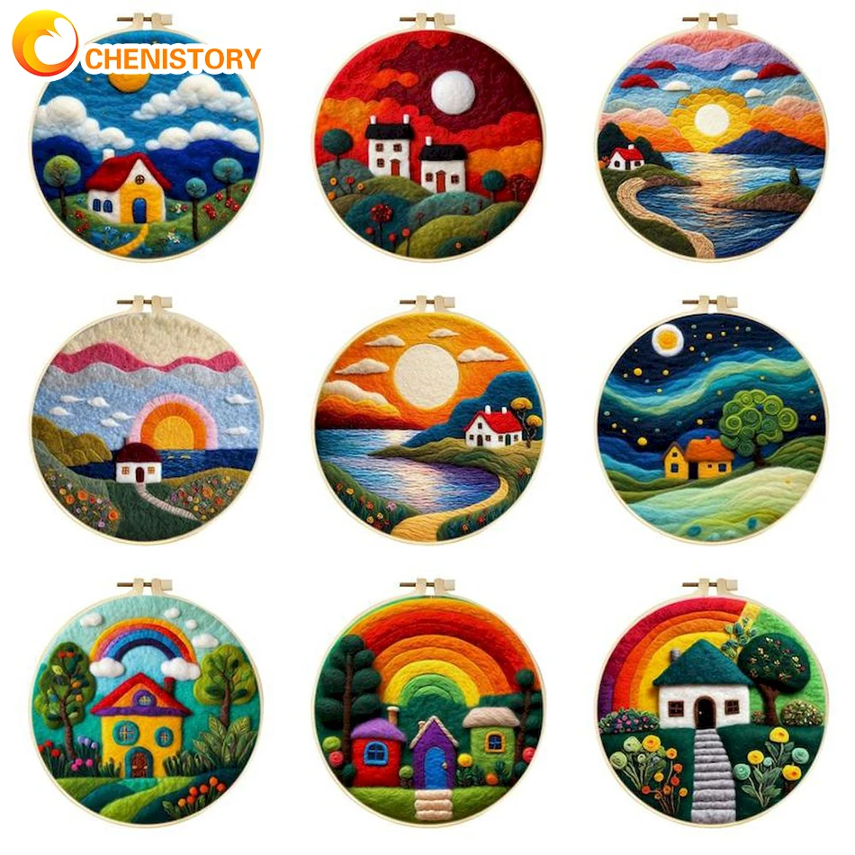 CHENISTORY DIY Felting Wool Embroidery Kit 20x20cm Frame With Painting Sunset House Painting Needle Wool Handcraft For Beginners