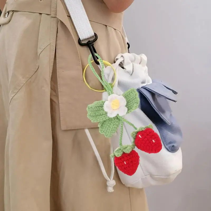 Strawberry Car Mirror Decor Cute Handmade Knitted Strawberry Car Pendant Fruit Hanger For Rear View Mirror Accessories Car Gifts view 5
