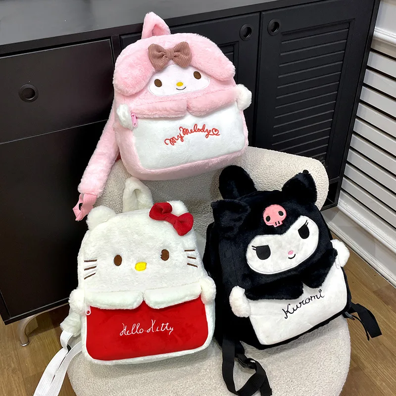 Sanrio Meisje Pluche Cartoon Rugzak Kawaii Kuromi Kt Grote Capaciteit Schooltas Schattige Pluizige Schoudertas Verjaardagscadeau