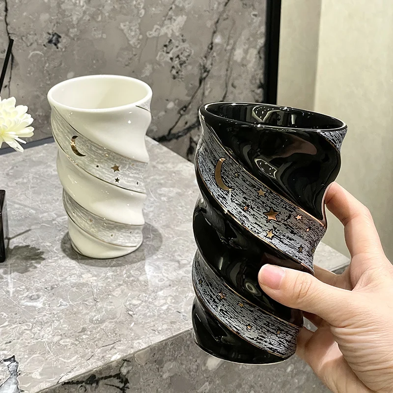 Twisted Spiral Moon Star Ceramic Mouth Cup Luxury Bathroom Tumbler Toothbrush Mug Home Vanity Decor