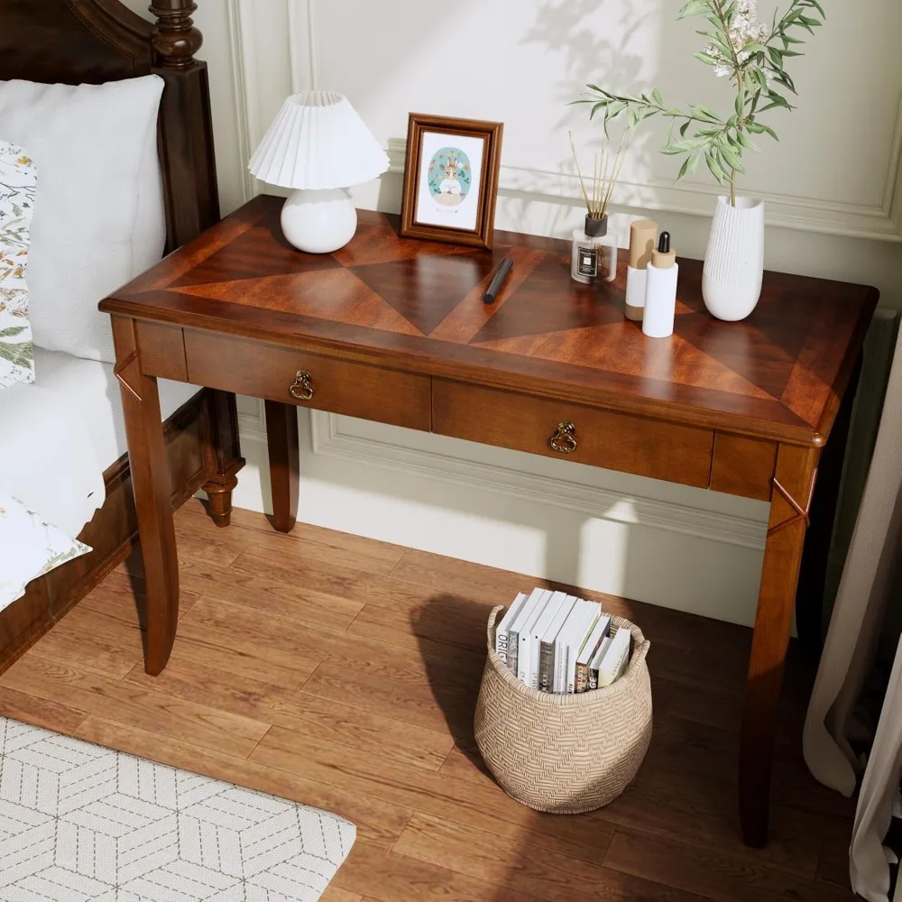 

Traditional Home Office Desk with 2 Storage Drawers, Solid Wood Computer Desk with Elegant Carved Legs,Vanity Desk