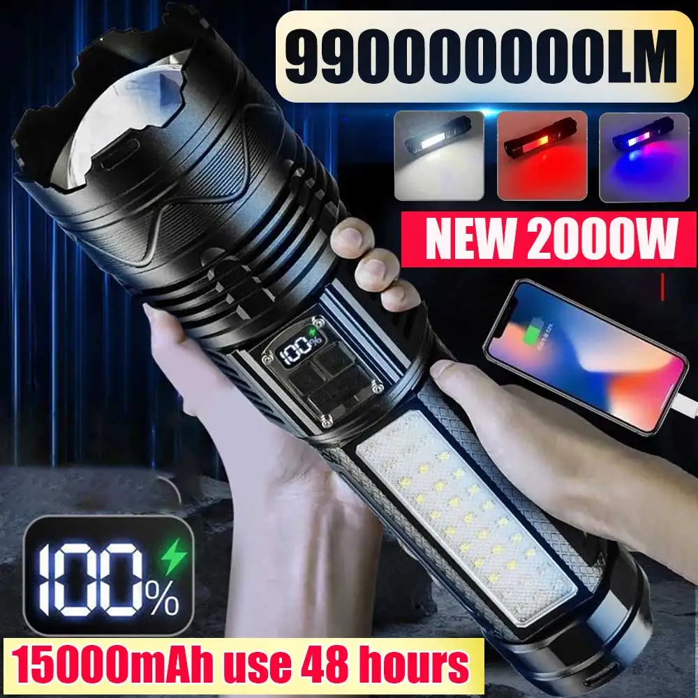 Lampe de poche LED haute puissance, 990000000LM, batterie 15000mAh, 2000W, lampe de poche Dull, budgétaire d\'urgence, lanterne la plus injuste,