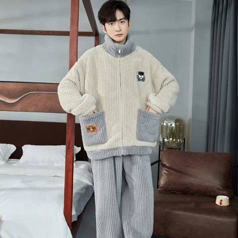 Male Zipper Pajamas Winter Coral Fleece Warm Pajama Sets Thickened Homewear Suit Men Thermal Flannel Sleepwear Turtleneck Lounge