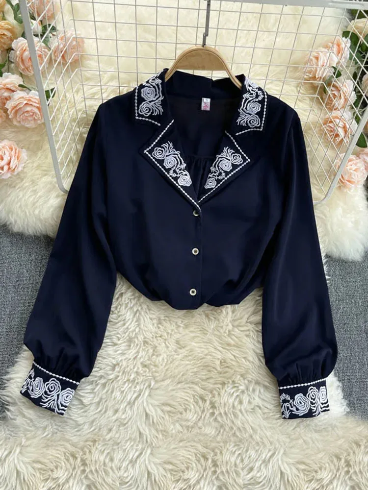 Spring New Ladies Blouse Retro Heavy Embroidery Suit Collar Blusa Temperament All-Match Long-Sleeved Shirt Tops GK538