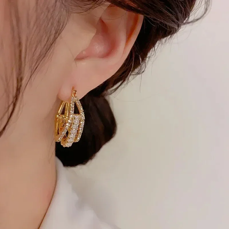 Aretes 2025 South Korea New Design Fashion Jewelry Golden Square Three-layer Zircon Earrings Luxury Women's Party Accessories