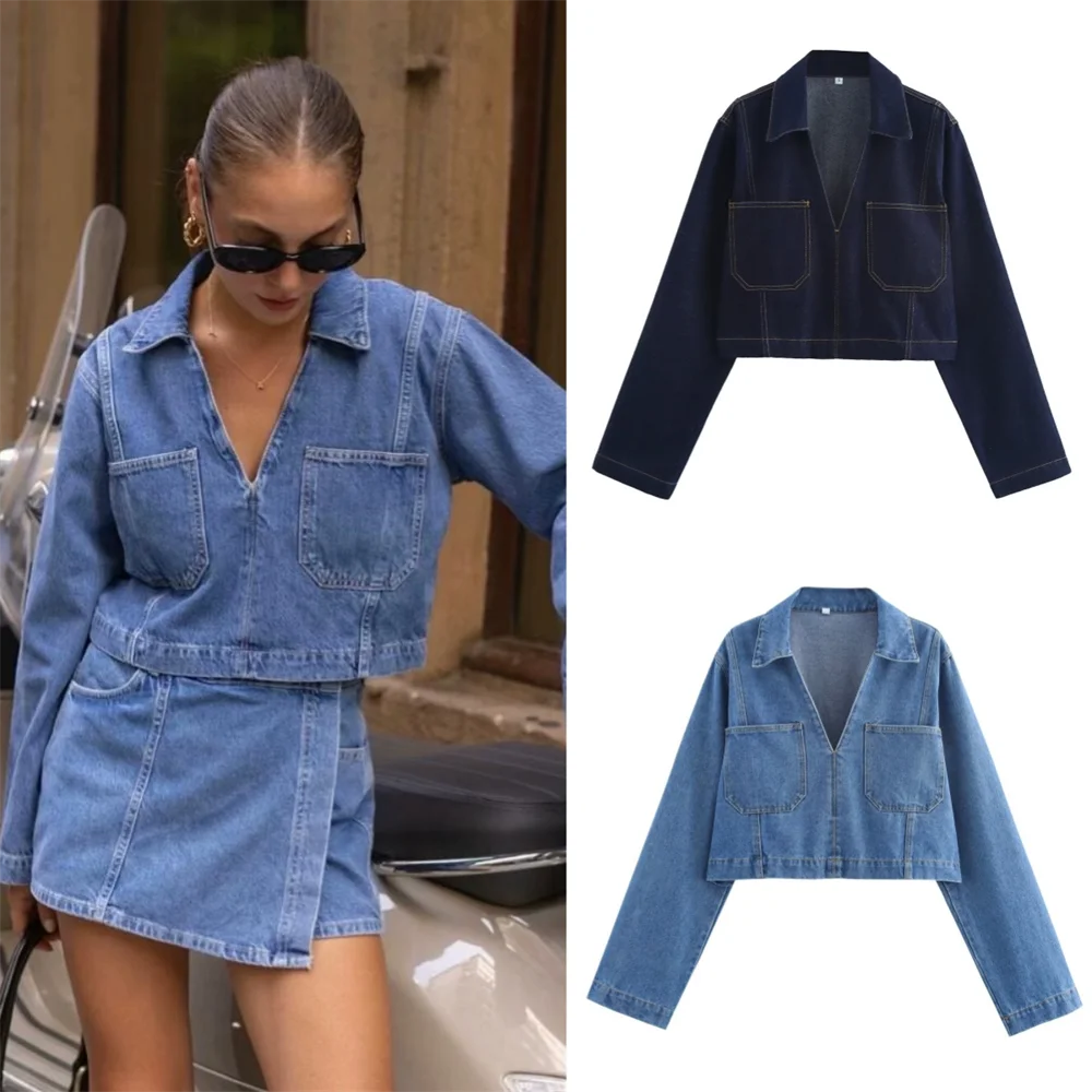 PB&ZA2024 Autumn New Women\'s Fashion Style Collar Versatile Look Thin Short Long Sleeve  Denim Shirt