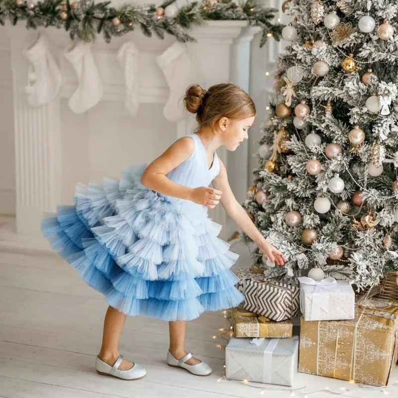 Vestidos de flores azules para niña, falda de tul con volantes hinchados, Top de satén sin mangas para boda, cumpleaños, graduación, Navidad, vestidos de princesa