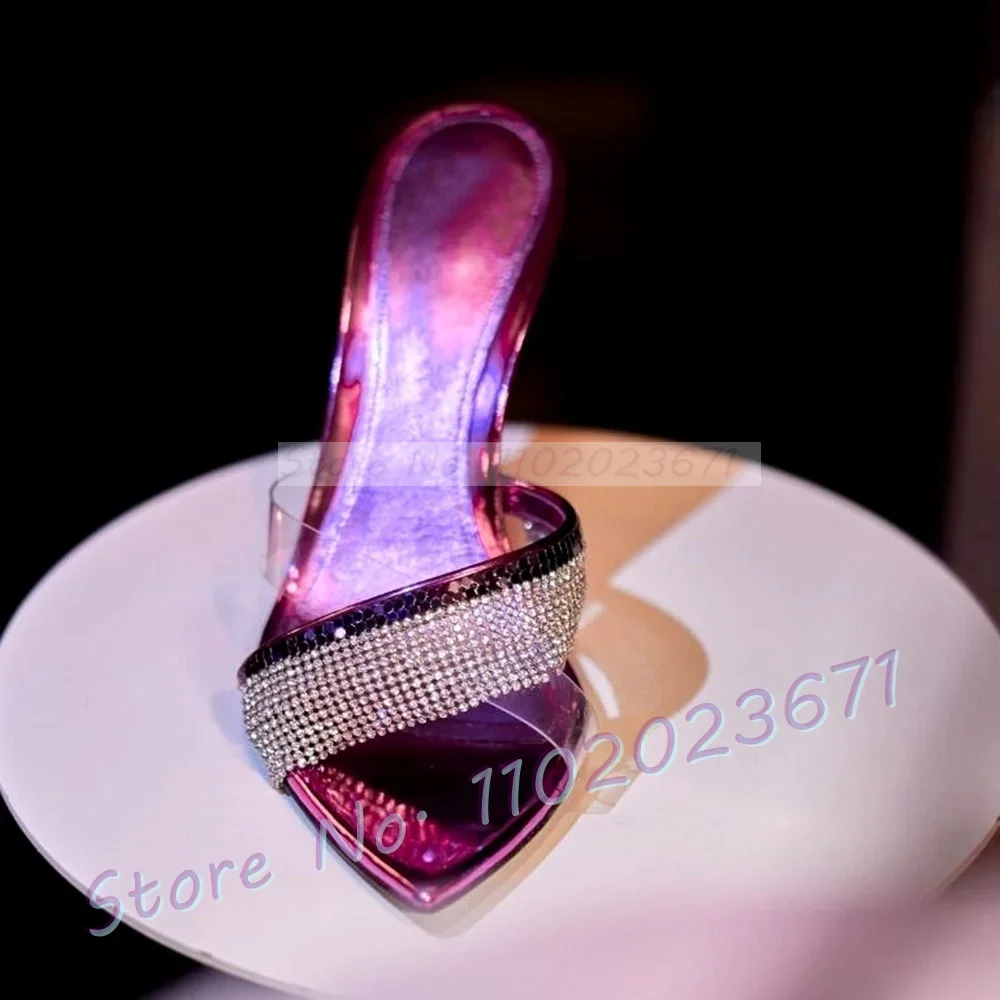 

Crystal Pvc Cross Strap Slippers With High Heels Women Purple Glossy Patent Leather Shoes Open Toe New Trending Summer Slides