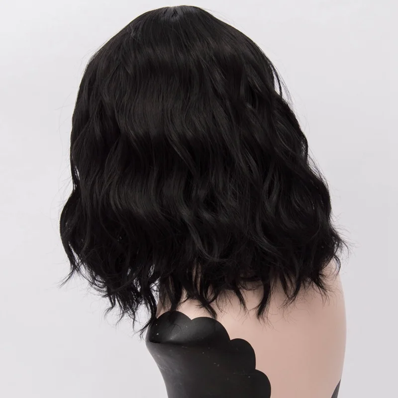 MSIWIGS Wig Hitam Sintetis Pendek Bergelombang Wanita dengan Poni Samping Tahan Panas untuk Cosplay Halloween & Pesta