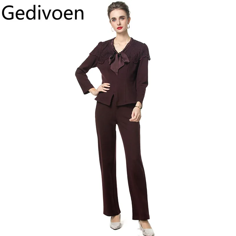 

Gedivoen женские комплекты из двух предметов с V-образным вырезом и длинными рукавами, аппликациями, блузка с оборками и брюки макси, модные комплекты