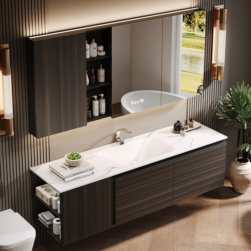 Modern Style Wall-Mounted Bathroom Vanity Sink Cabinet Ceramic Basin Solid Wood Waterproof Copper Eco-Friendly Warehouse