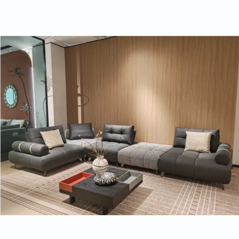Nordic minimalist flat leather cotton and linen sofa