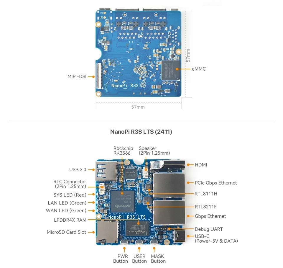 Novo NanoPi R3S-LTS Rockchip RK3566 Dual Gbps Ethernet Port 1GB/2GB RAM Versão Atualizada
