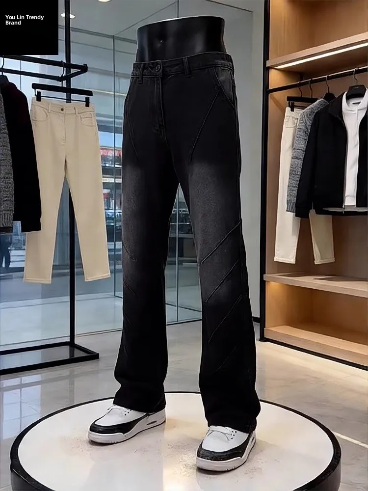 

Bla Pleated Flared Jeans Men's Sle American High Street Spring Straight Leg Slim Fit Durable Casual Faion Jeans