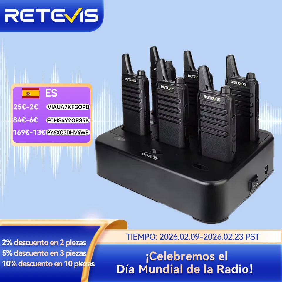Retevis RT622 Walkie Talkie 6 piezas PMR FRS con cargador multibanda de 6 vías para hotel y restaurante