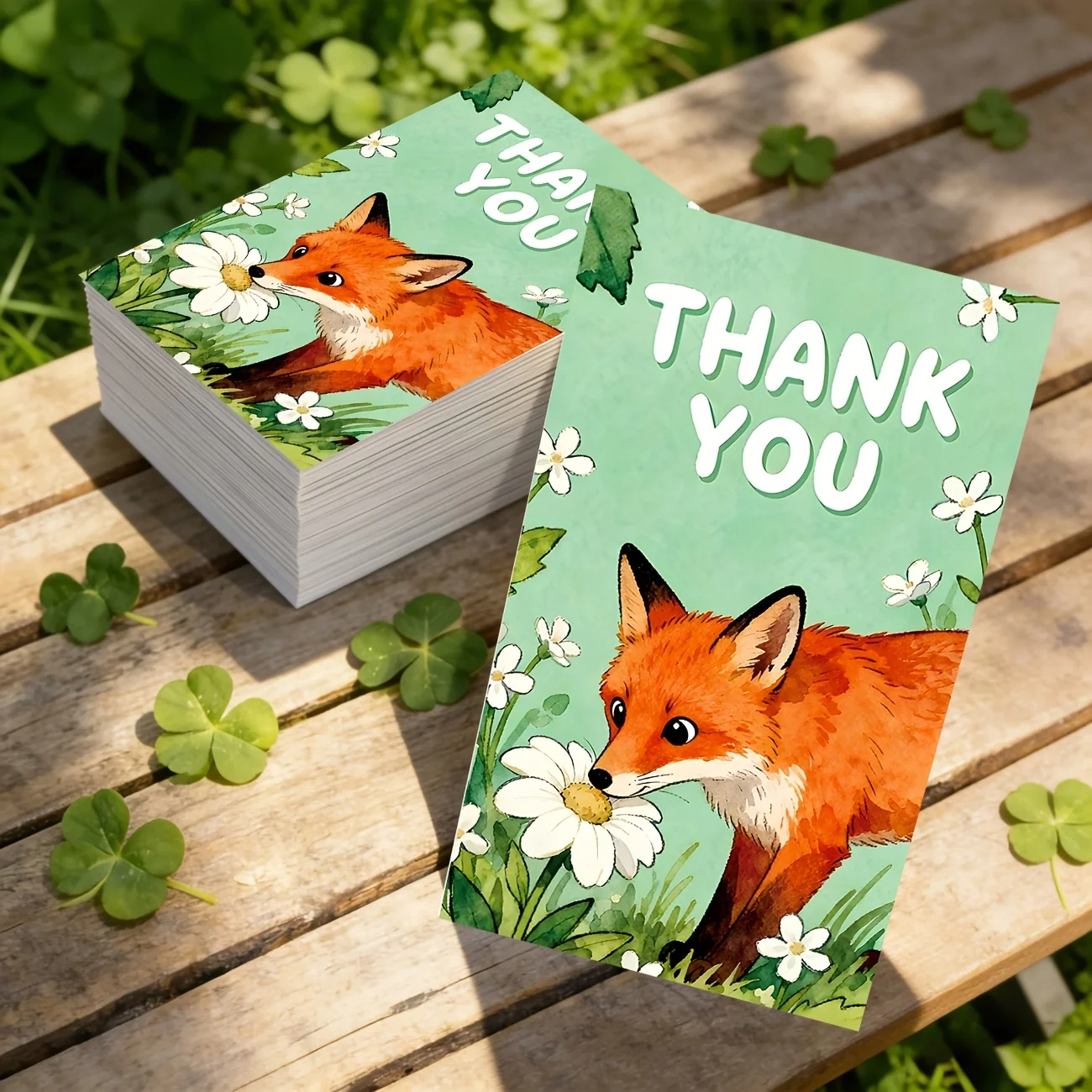 50PCS Cute Fox Thank-you Cards, Designed with Fox Sniffing Daisy Illustrations, Suitable for Gift Packaging and Thank-you Notes