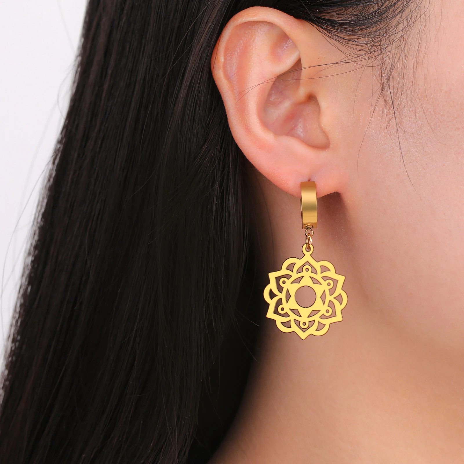 LIKGREAT Stainless Steel Lotus Flower Earrings Elegant Mandala Chakra Drop Pendant Women Healing Buddha Spiritual Yoga Jewelry
