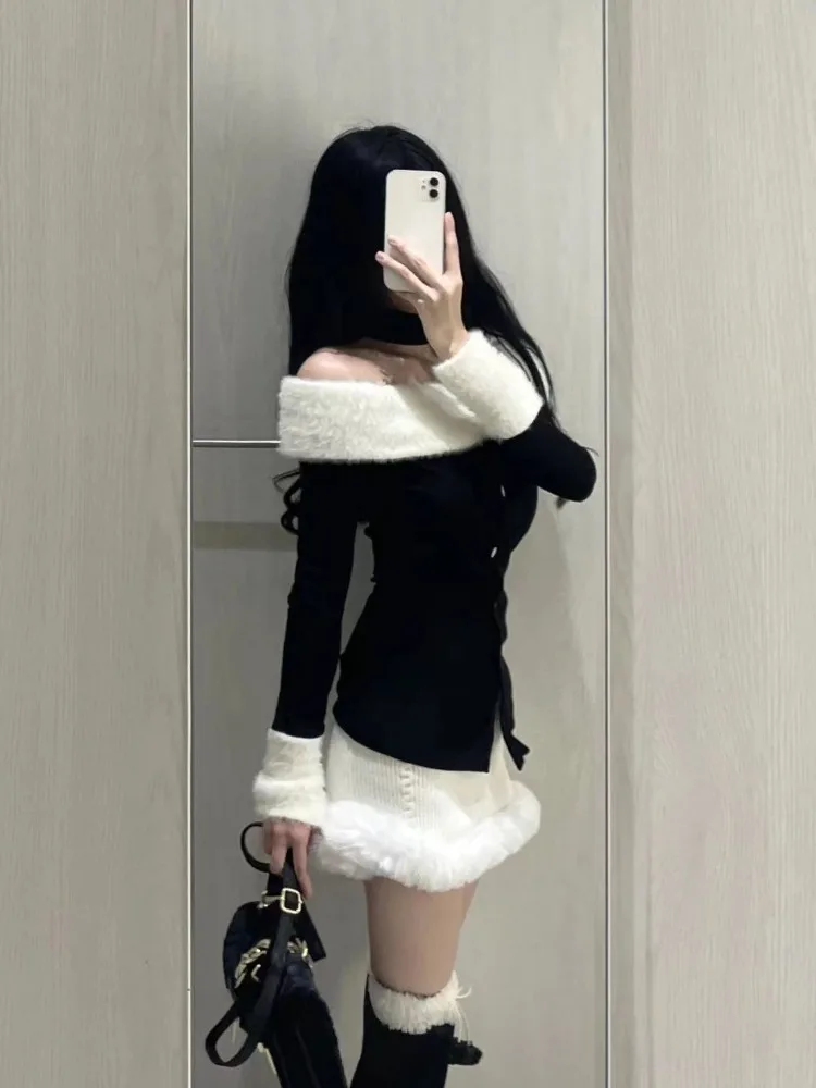 Fashion Sexy Off Shoulder Long Sleeve Slim Fit Tops Women+ Y2k High Waist Bodycon Skirts Early Autum New Two Piece Sets