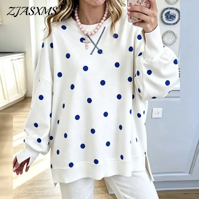 Women Polka Dot Print Sweatshirts O Neck Long Sleeve Loose Side Split Hem Blouse Casual Vacation Office Pullover Fall Daily Tops