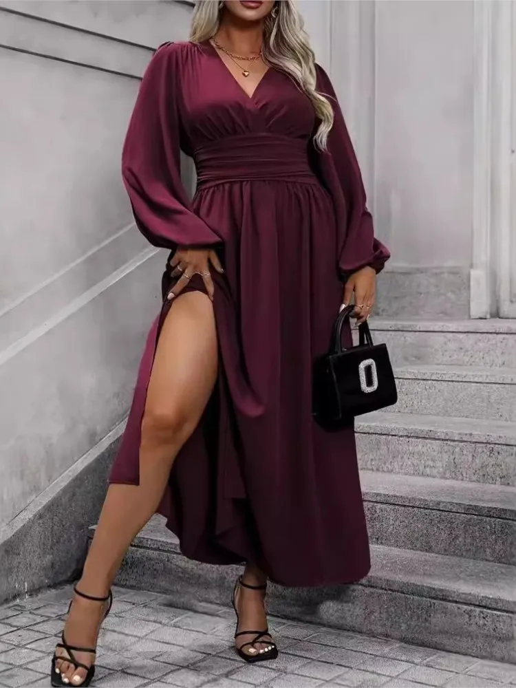 Plus Size Autumn V-Neck Dress Women Slim High Waist Fashion Lantern Long Sleeve Ladies Dresses Ruffle Pleated Loose Woman Dress