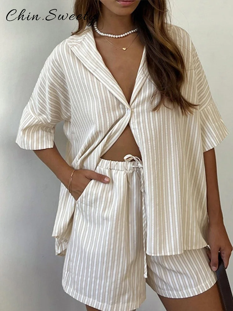 

Fashion Striped Shorts Set Women Loose Lapel Half Sleeve Single Breasted Shirts Lace Up Short 2025 Summer Lady Chic 2 Piece Suit