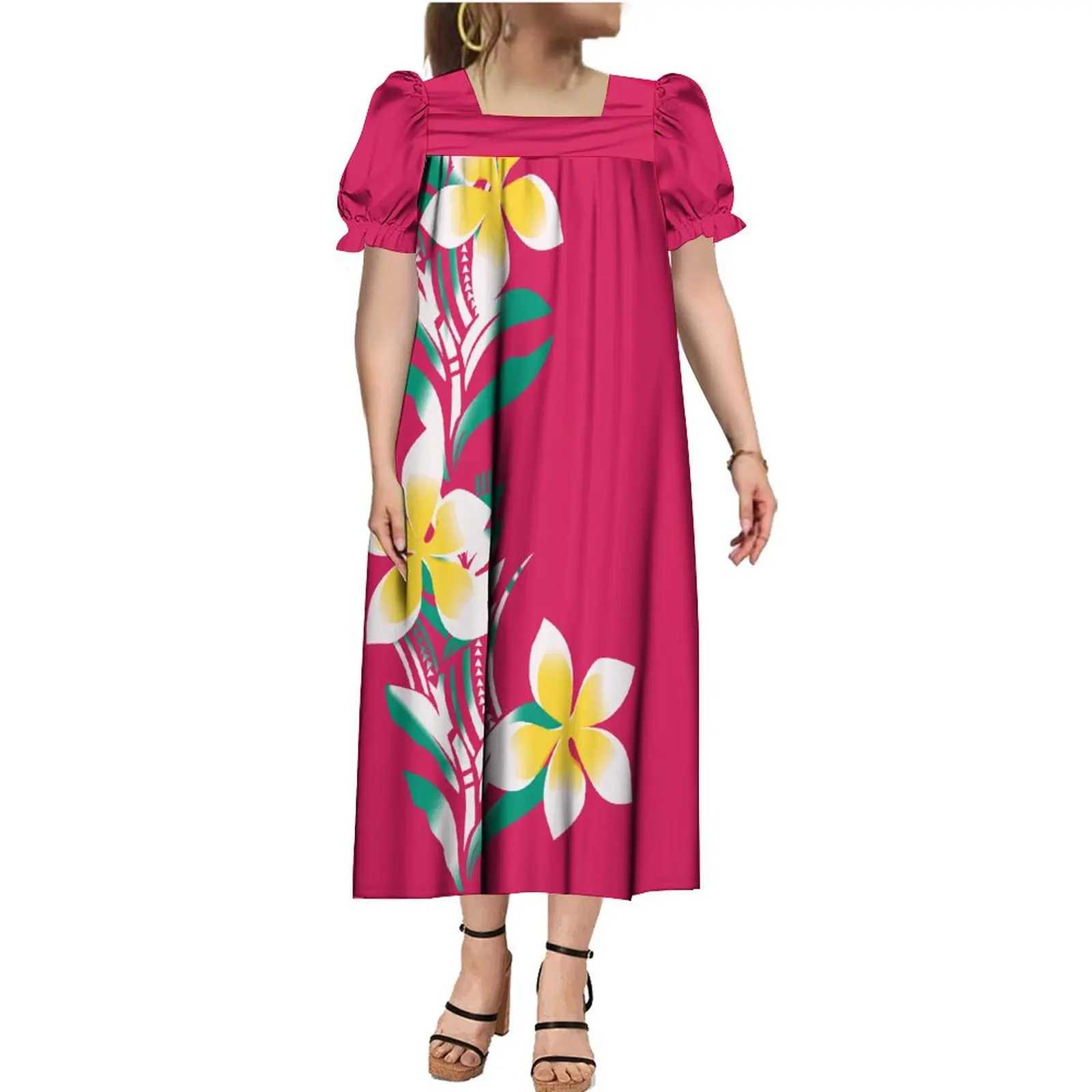 

Summer Square Neck Short Sleeve Women Dress MUMU Chic Polynesian Authentic Hot Sale Samoa Ethnic Long Dress