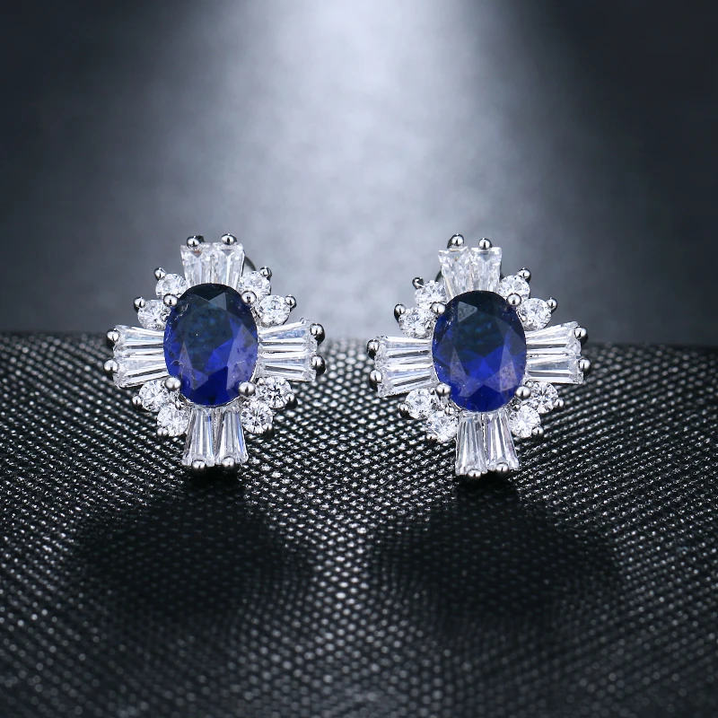 JMK Luxury Blue Crystal Cubic Zircon Stud Dangle Earrings For Women Bridal Wedding Silver Plated Party Accessories Jewelry