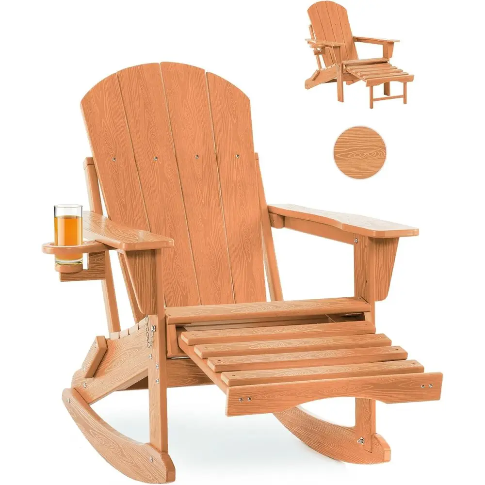 Multifunctional Outdoor Rocking Chair with Retractable Ottoman, Teak Wood Texture, Ideal for Lawn, Porch, Backyard, and Pool Are