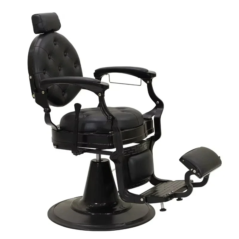 Beauty salon furniture All black leather adjustable hair salon chair Luxury round base Reclining hair salon chair