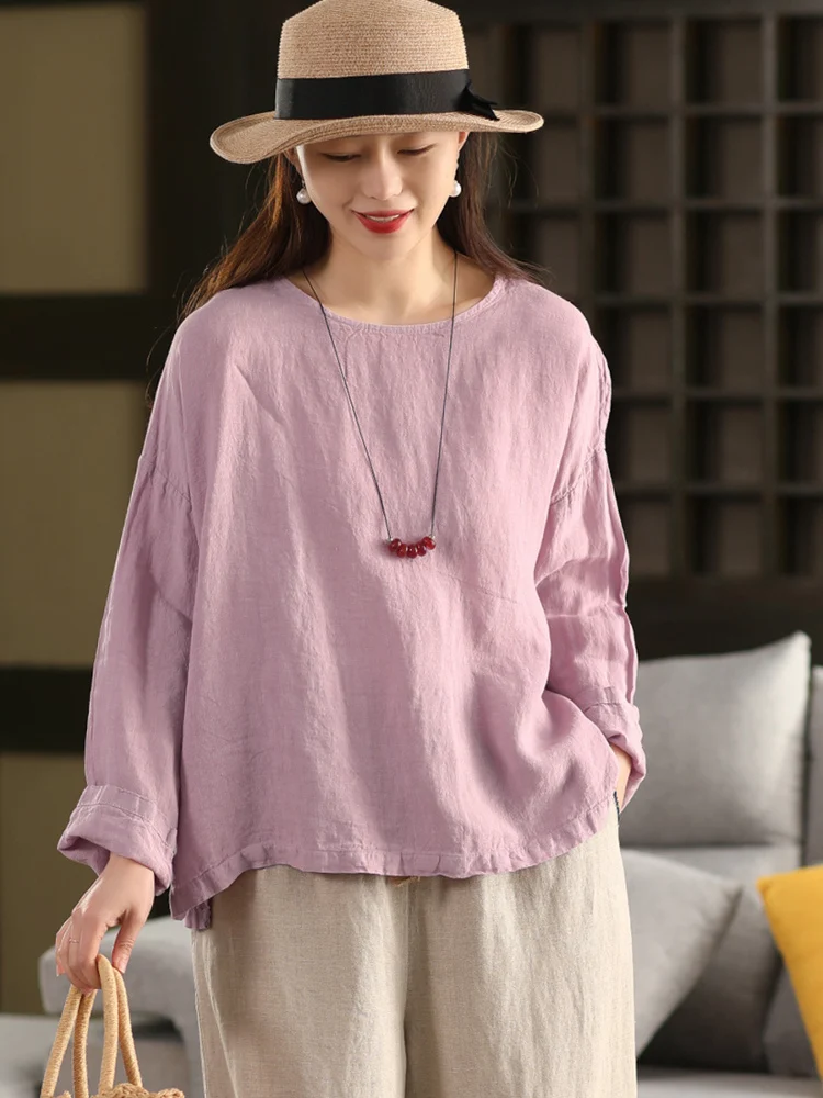 

Женская свободная художественная круглая блузка в стиле ретро из 00% льна Ne Long Sve Overhead irt Pure Color Top Ele