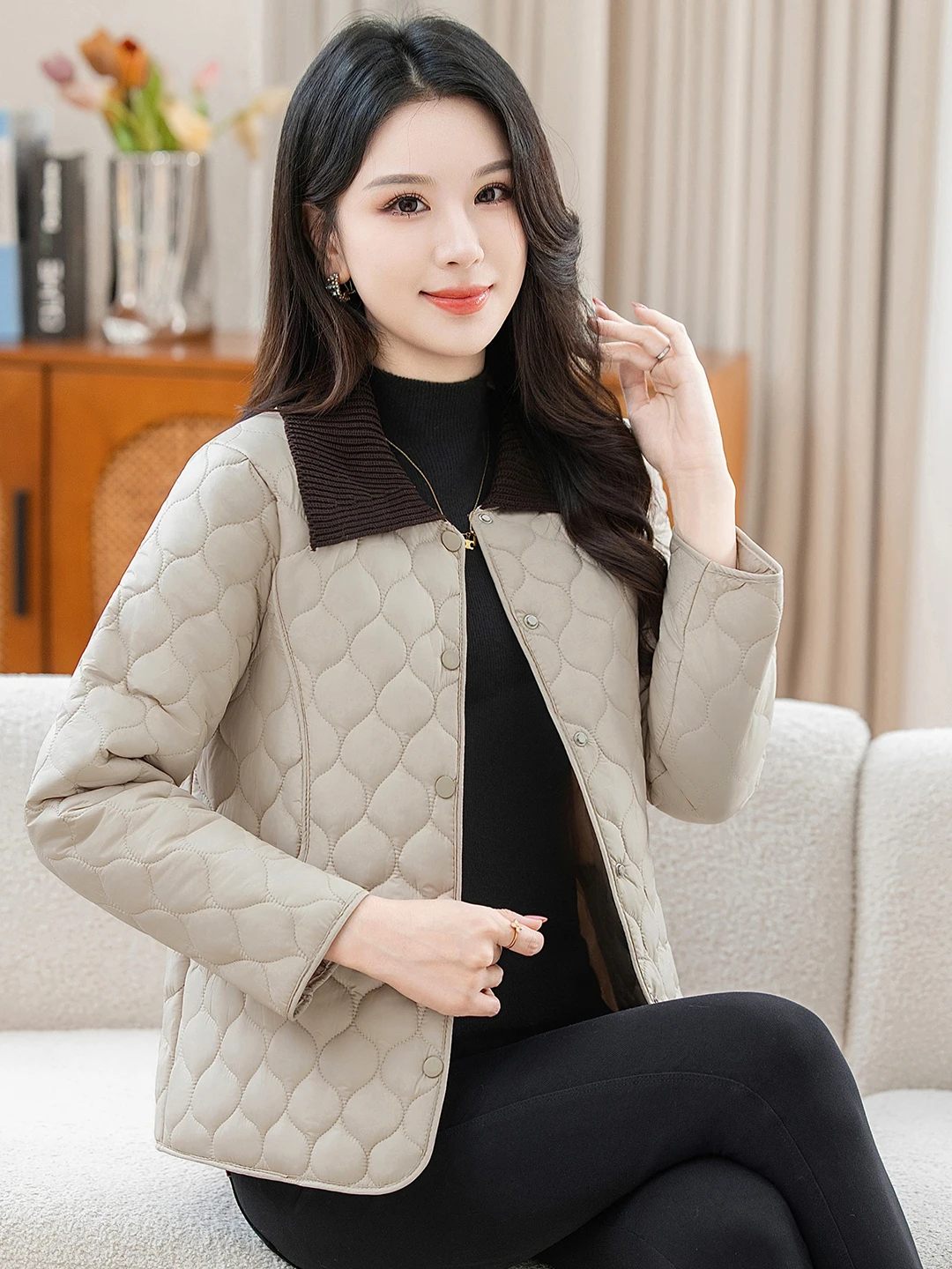 Fashionable Lightweight down Cotton Jacket Casual Mom Clothes Warm Collarless Coat Zipper Closure Long Sleeve Short Length