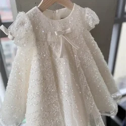 Baby Girl Princess Sequins Tulle Dress Infant Toddler Boutique Bow Vestido Puff Sleeve Party Pageant Birthday Baby Clothes 1-7Y