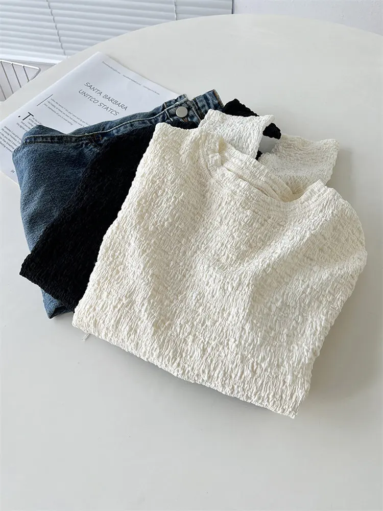 Camiseta Plissada Y2K para Mulheres, Manga Longa, Cor Sólida, Ajuste Slim, Versátil e Emagrecida para Primavera e Outono