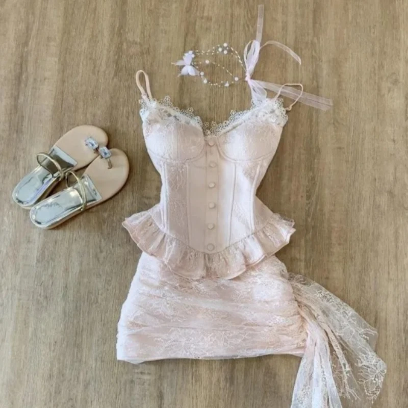 French Elegant Pure Desire Style Two Piece Suit Women Sexy Camisole Top Tight Bodycon Skirt Trendy Night Out Dating Outfit 2026 view 3