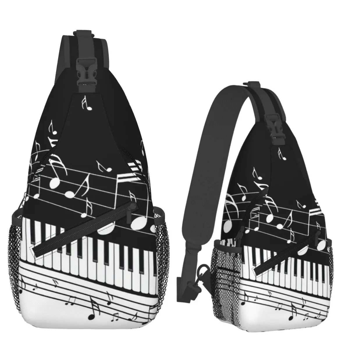 Black White Piano And Music Note Chest Bag Men Sling Crossbody Backpack Chest Bag Travel Hiking Daypack Shoulder Bag