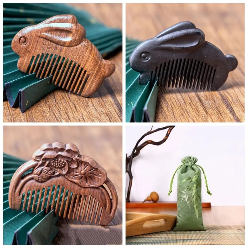 Portable Rabbit Sandalwood Comb Anti Static Scalp Mini Comb Brush Nose Relieve Stress Wooden Comb Girl