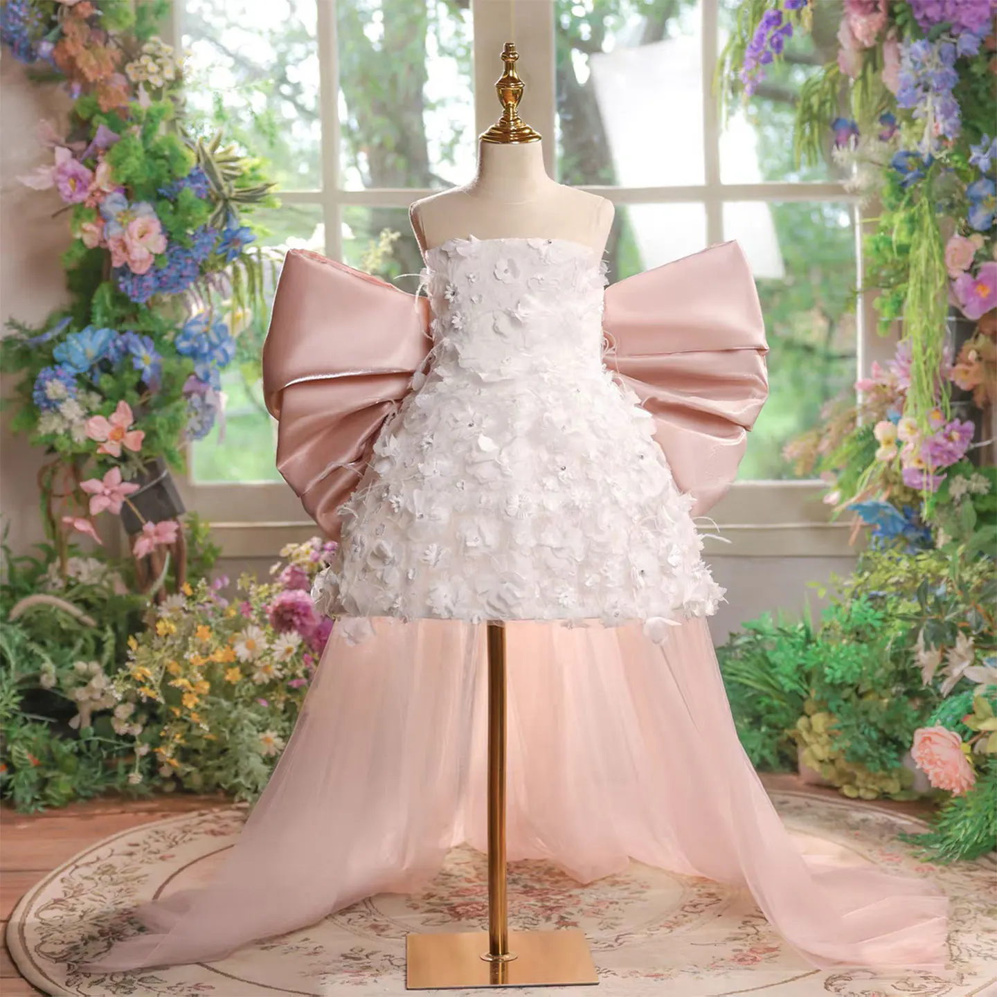 

Jill Wish J513 Детское торжественное платье для девочек с большим бантом и 3D цветами длиной до колена Роскошное платье принцессы для свадьбы, дня рождения