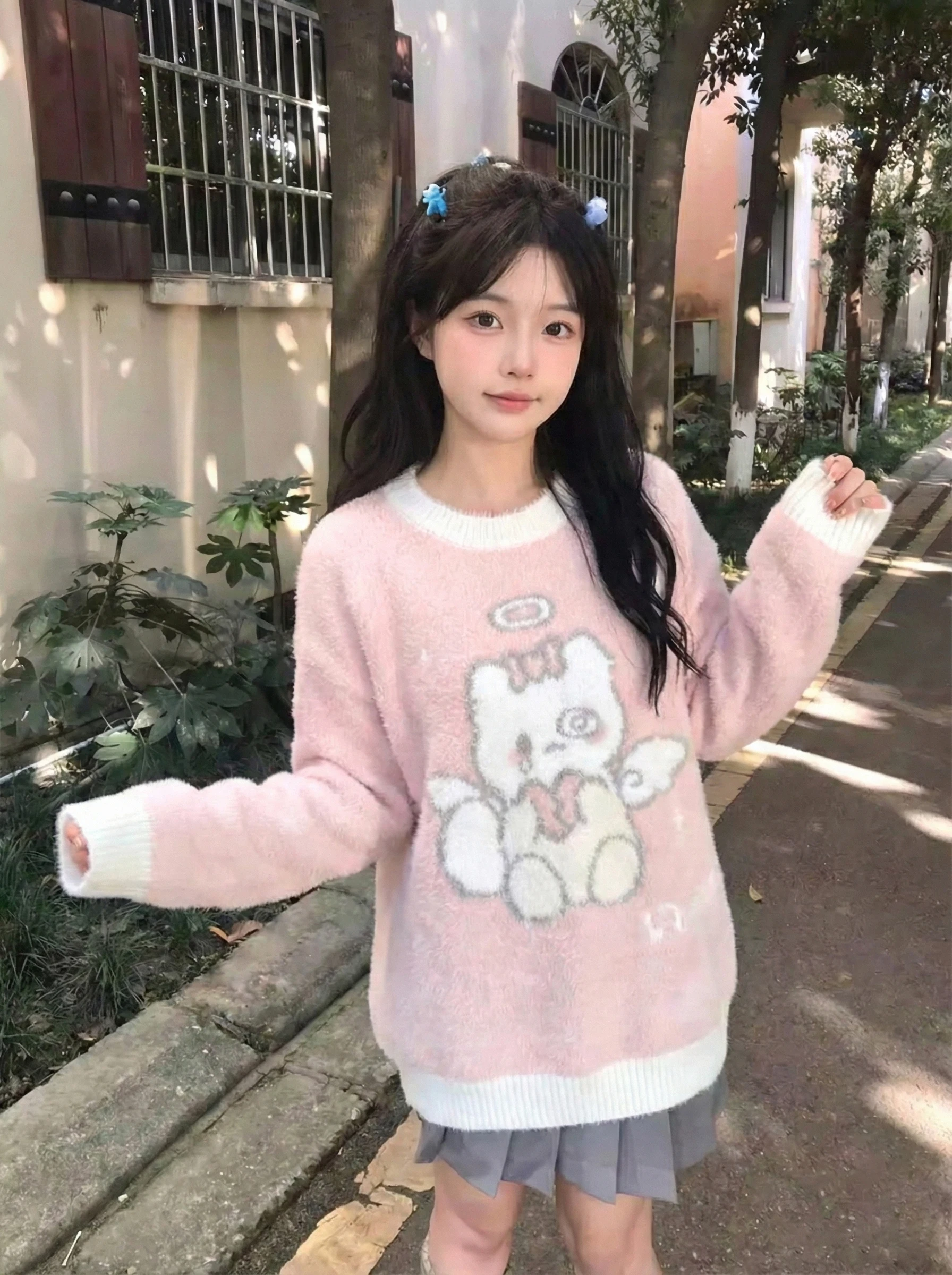 

Японский кавайный пуловер с длинным рукавом, женский повседневный Y2k, милый пушистый кошачий узор, свободный вязаный свитер, осень-весна, женская уличная одежда