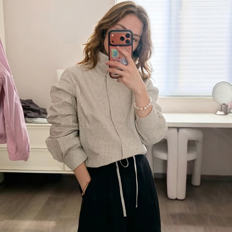 

Plaid Cropped Jacket For Women Casual Long Sleeve Loose Fit Coat Zip Up Outerwear Short Jacket Summer Thin Women's Plaid Jacket