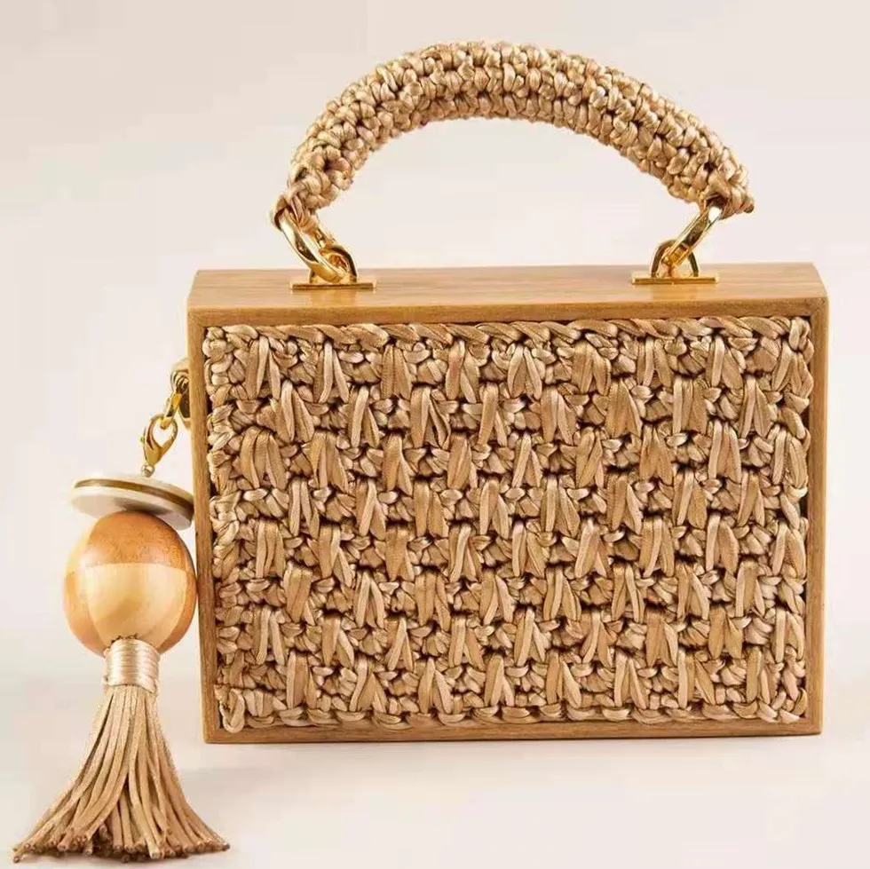 2023 Summer Beach Bamboo Tassel Straw Woven Bag Cross-body Single Shoulder Beach Handag Rattan Rope Square Chain Strap Box