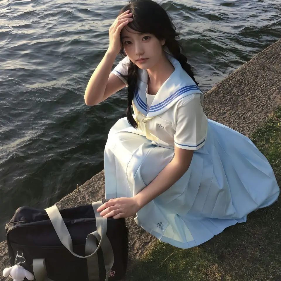 MAGOGO Original Japanese JK Sailor Uniform Skirt Sets Summer Academic Style Kawaii Girl Short Sleeved Shirt + Blue Pleated Skirt