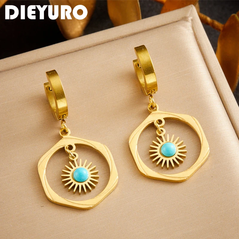 DIEYURO 316L Stainless Steel Vintage Round Pendant Hollowed Out Turquoise Earrings Women Girl Gift Fashion Jewelry Set bijoux