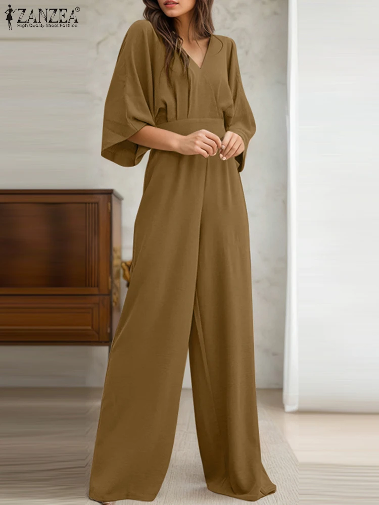 

Women Long Jumpsuits 2025 ZANZEA Elegant Fashion V-Neck High Waist Wide Leg Pants Summer 3/4 Sleeve Casual Loose Solid Playsuits