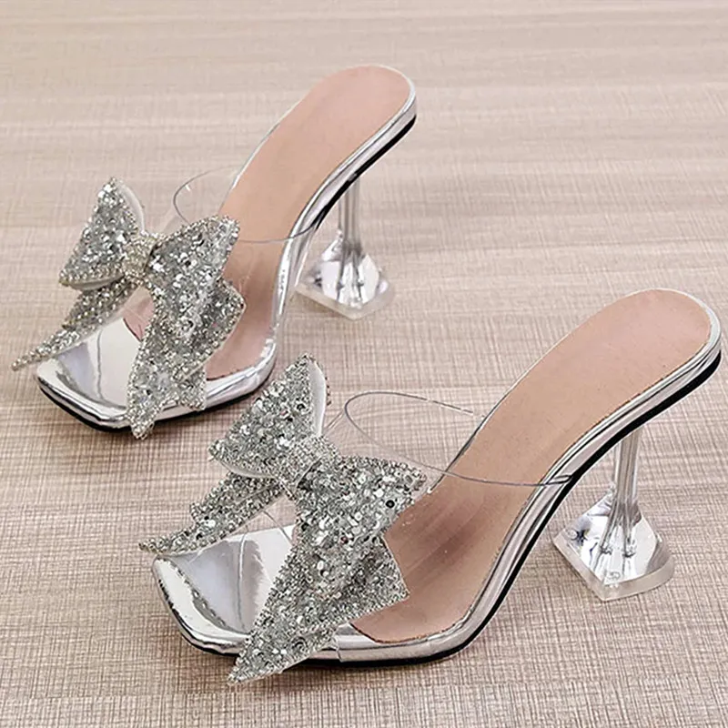 2024 New Transparent Slippers for Women Fashion Silver Crystal Bowknot High Heels Women Clear Mules Slides Summer Heeled Sandals