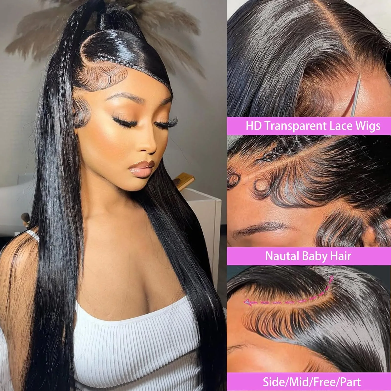 13x4 13x6 Hd Bone Straight Transparent Lace Front Wig Human Hair 44 Inch Pre Plucked Lace Front Wigs 250 Density 100% Human Hair image 3