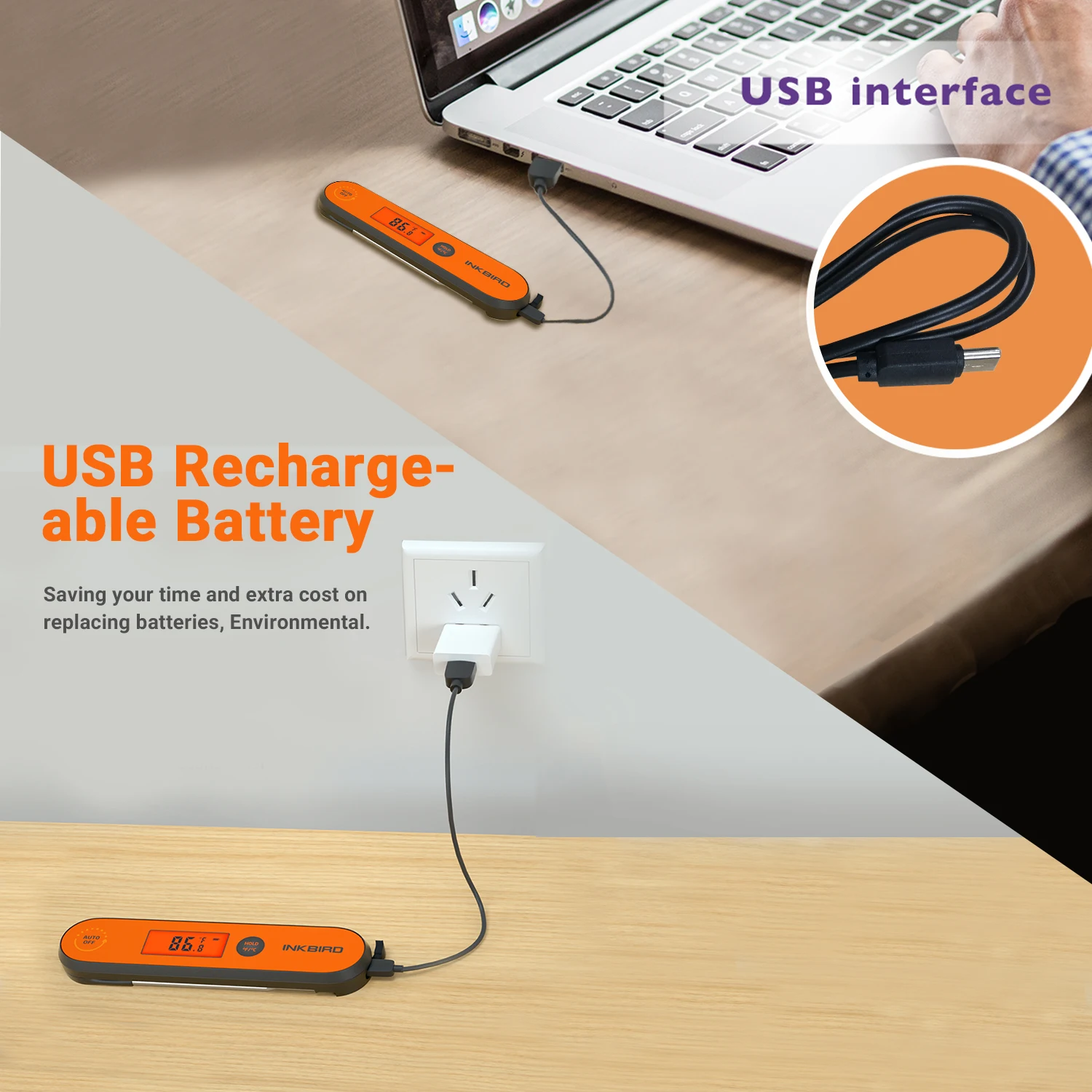 INKBIRD IHT-1P 1X termometer genggam daging tahan air isi ulang dengan lampu latar & kalibrasi dengan Probe lipat untuk BBQ goreng