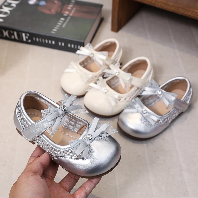 Girls Lace Bow Mary Jane Shoes Soft Sole Children Flats Princess Shoes Fashion Kids Weave Leather Shoes for Party Wedding