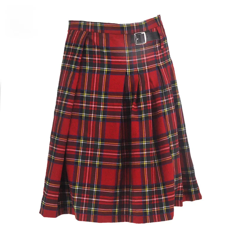 Gothic Punk Kilt Scottish Tartan Dress Red Plaid Pleated Waist Skirt With Faux Leather Buckle Europe Men Clothes