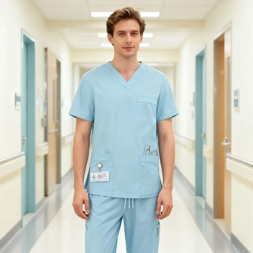 Nieuw product 2025, sneldrogende elastische handwaskleding, hetzelfde voor mannen en vrouwen, dokterskleding, tweedelige set