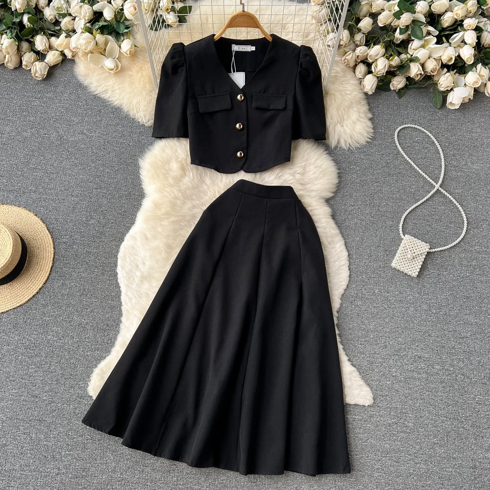 

Ele Two-Piece Set ort Bubble Sve irt Top High Waist Slimming f-length Skirt Summer New Sle Women's Faion Set